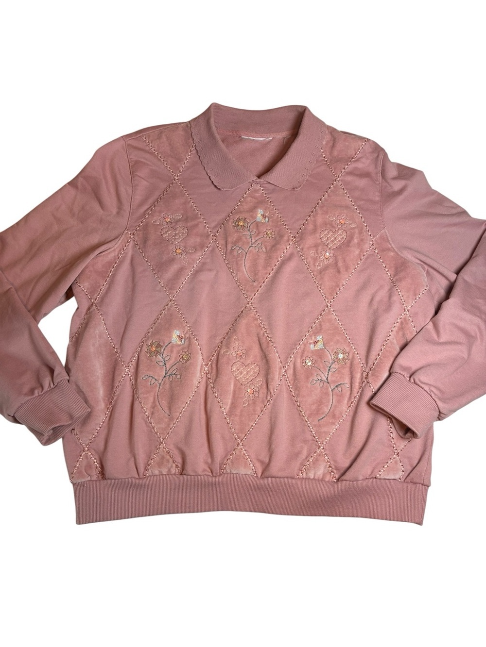 Vintage Alfred Dunner Rose Pink Sweatshirt with Embroidered Hearts and Flowers